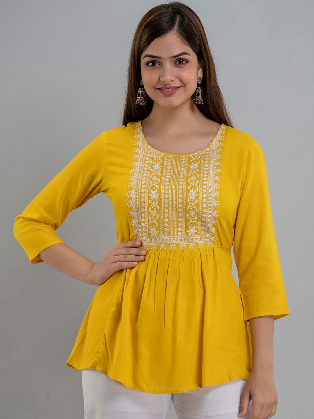 

SHOOLIN Ethnic Motifs Embroidered Pleated A-Line Kurti, Mustard