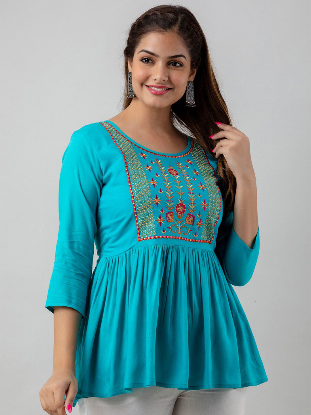 

SHOOLIN Floral Embroidered Pleated A-Line Kurti, Turquoise blue