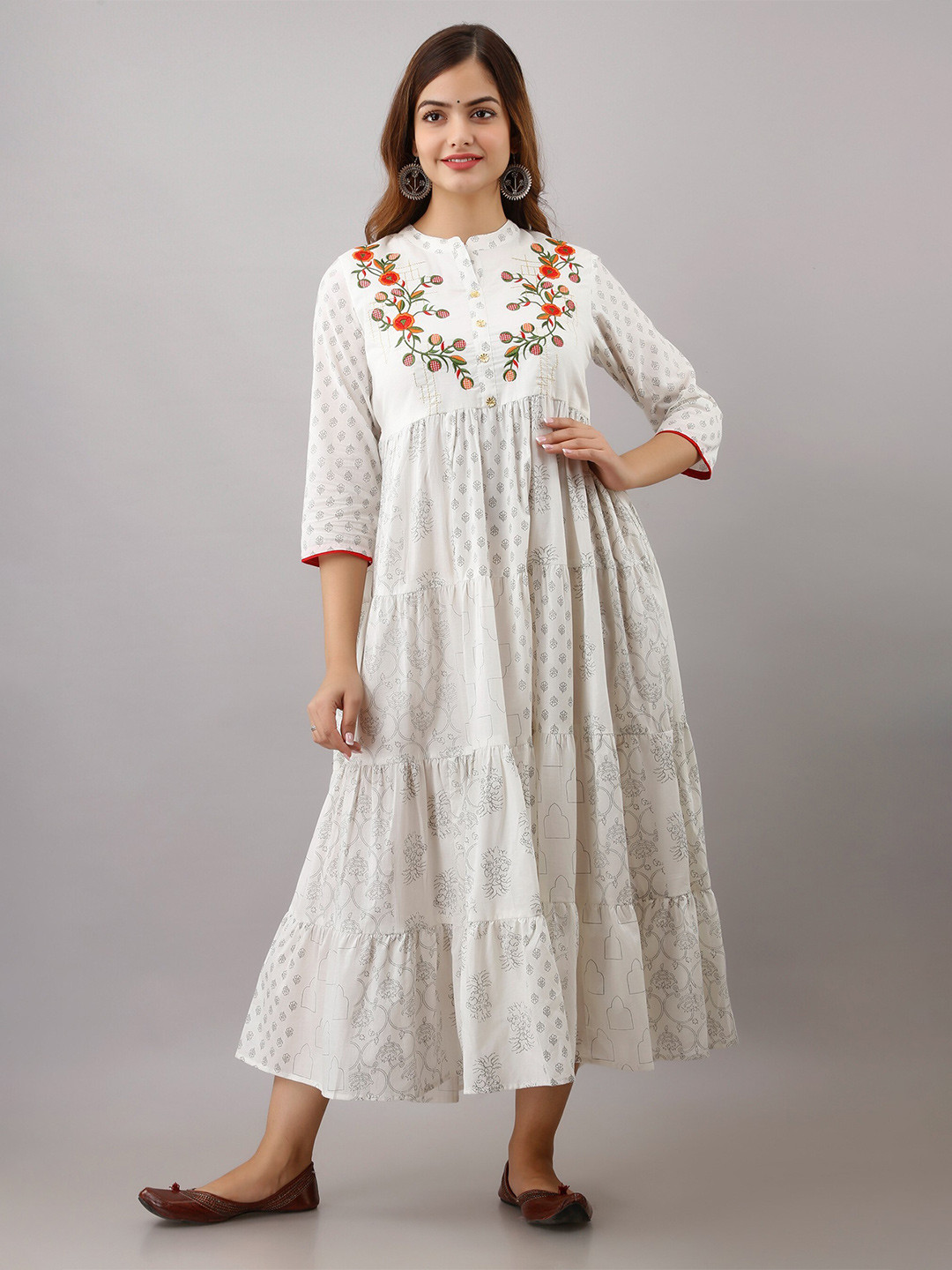 

SHOOLIN Polka Dots Printed Embroidered Cotton A-Line Midi Ethnic Dress, White