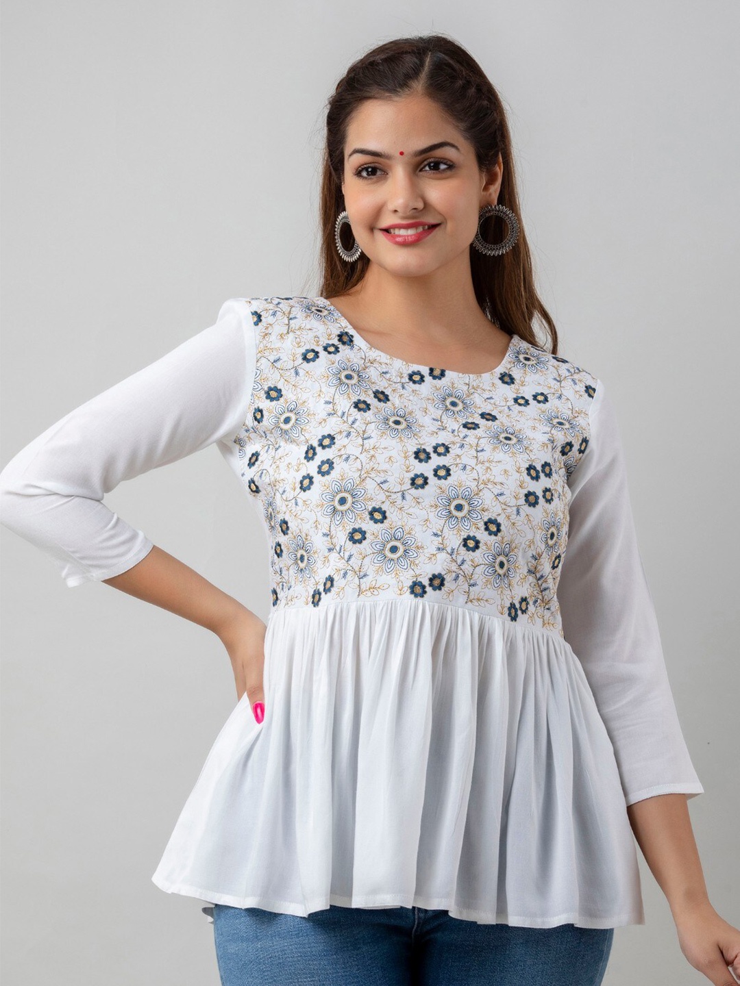 

SHOOLIN Floral Embroidered Round Neck Thread Work A-Line Kurti, White