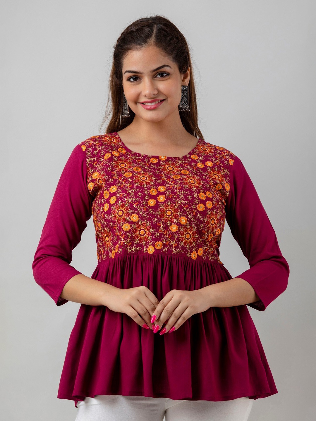 

SHOOLIN Ethnic Motifs Embroidered A-Line Kurti, Maroon