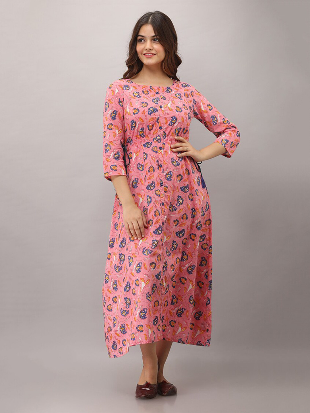 

SHOOLIN Floral Printed Tie Up Pure Cotton A-Line Ethnic Dress, Pink