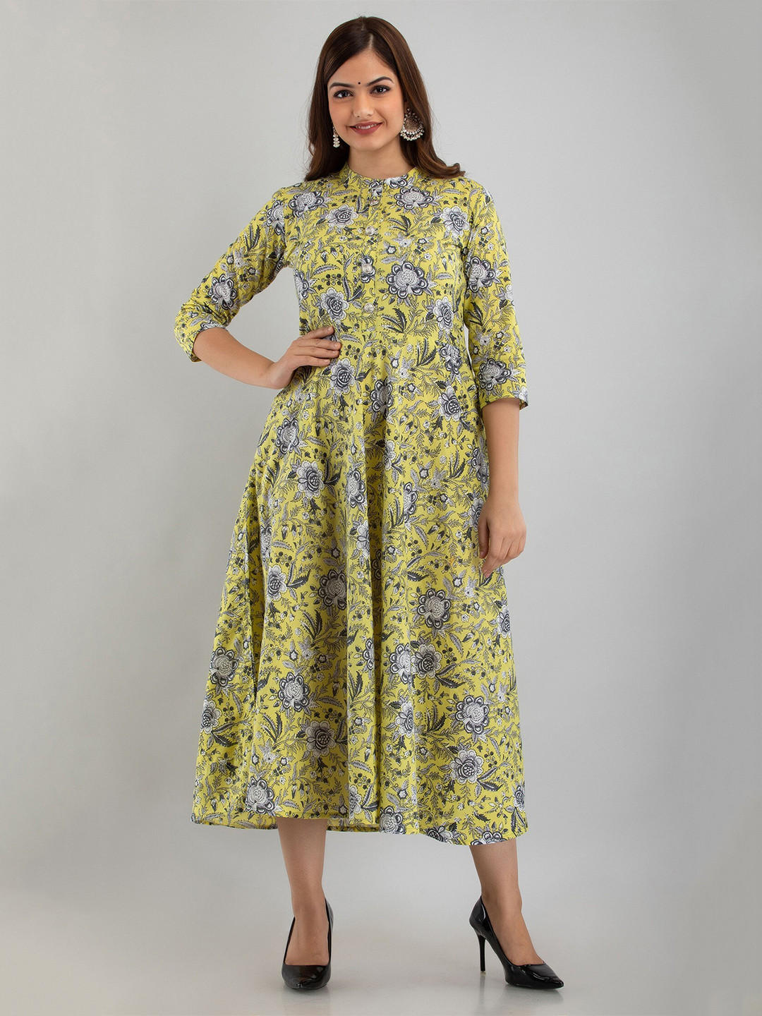 

SHOOLIN Floral Printed Mandarin Collar Pure Cotton Fit & Flare Ethnic Dress, Yellow