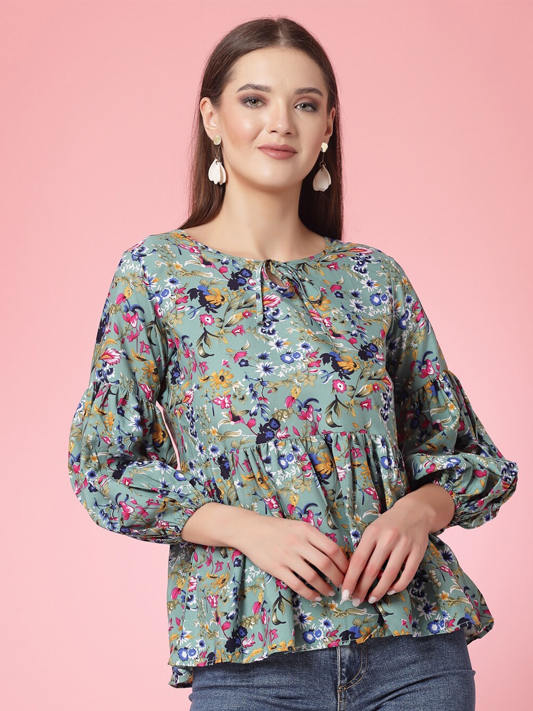 

Oomph! Floral Print Tie-Up Neck Bishop Sleeves Crepe Empire Top, Blue