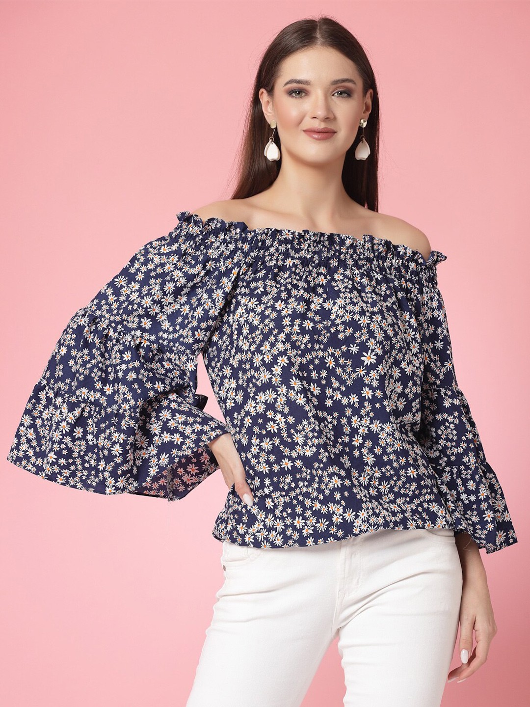 

Oomph! Floral Printed Off-Shoulder Cinched Waist Top, Blue