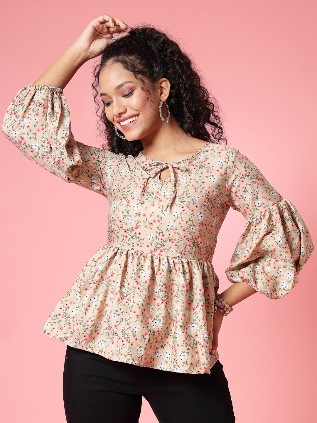 

Oomph! Yellow Floral Printed Tie-Up Details Crepe Peplum Top