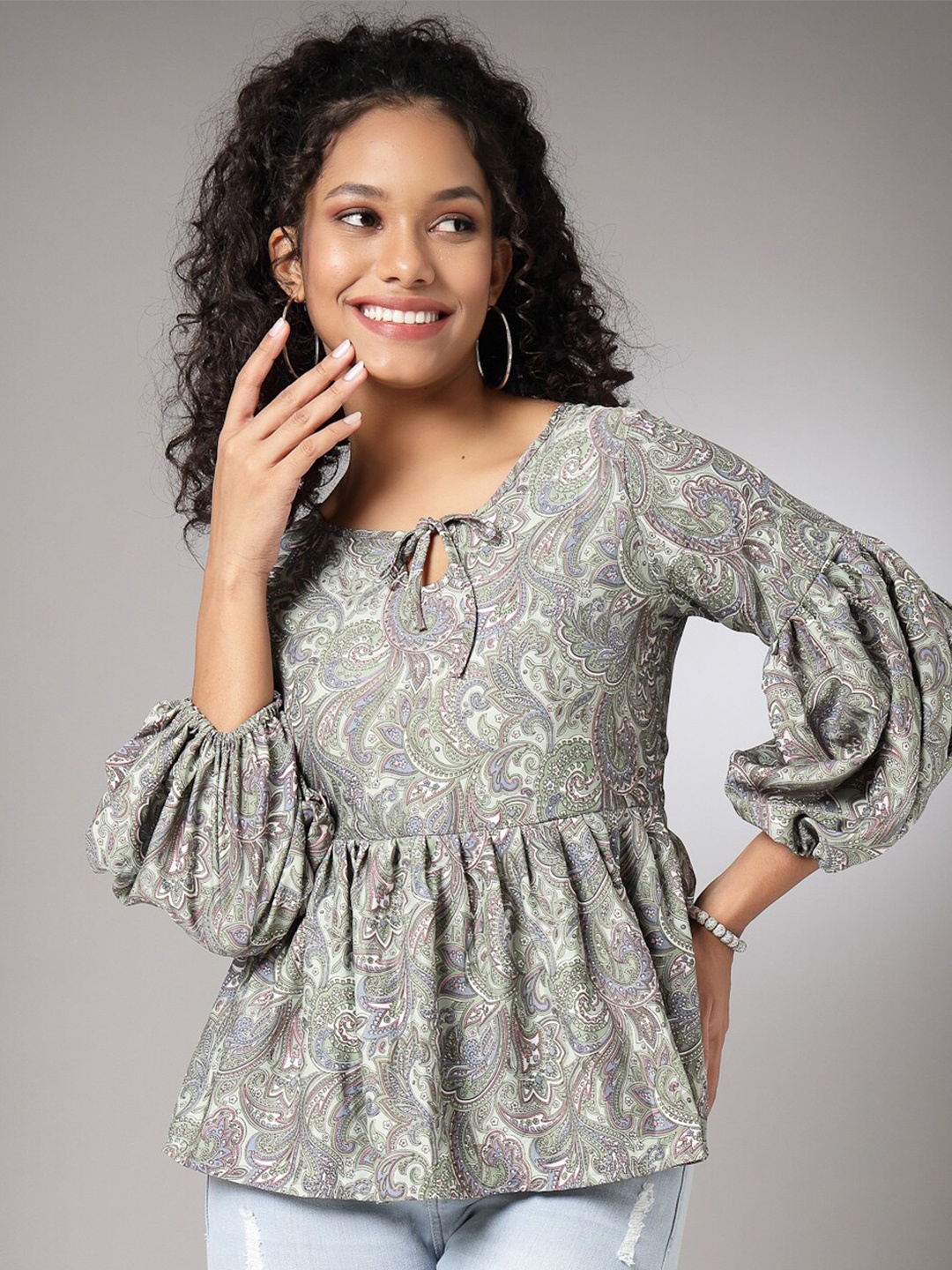 

Oomph! Ethnic Motifs Printed Tie-Up Neck Puff Sleeves Top, Grey