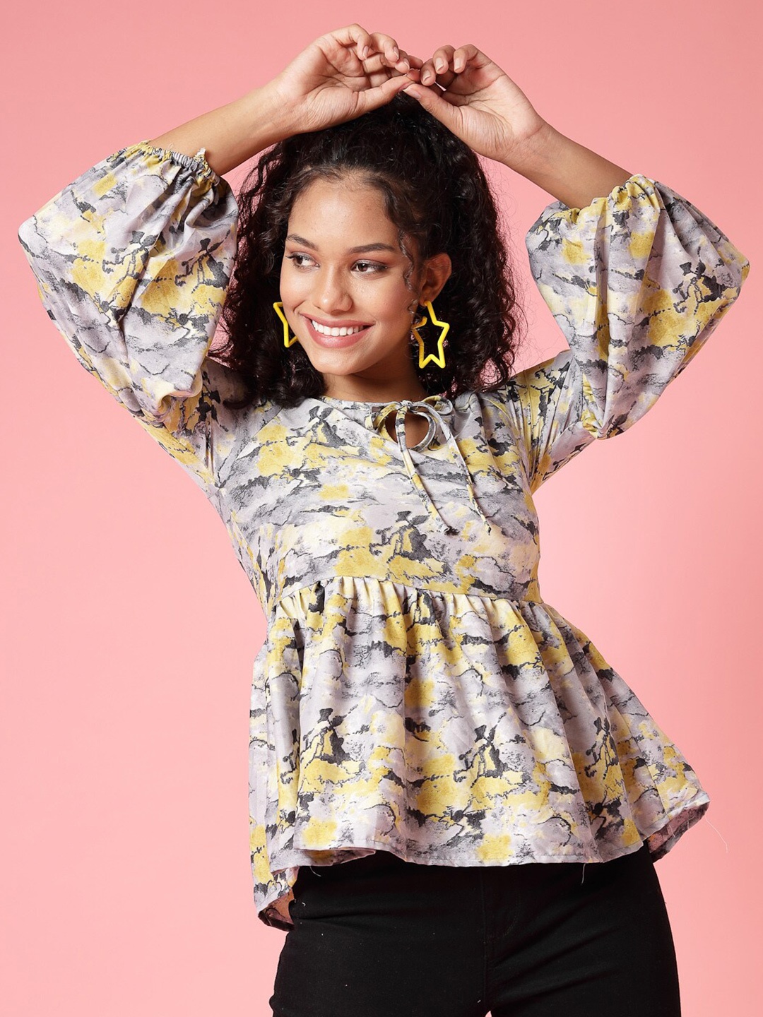 

Oomph! Abstract Printed Tie-Up Neck Puff Sleeves Peplum Top, Yellow