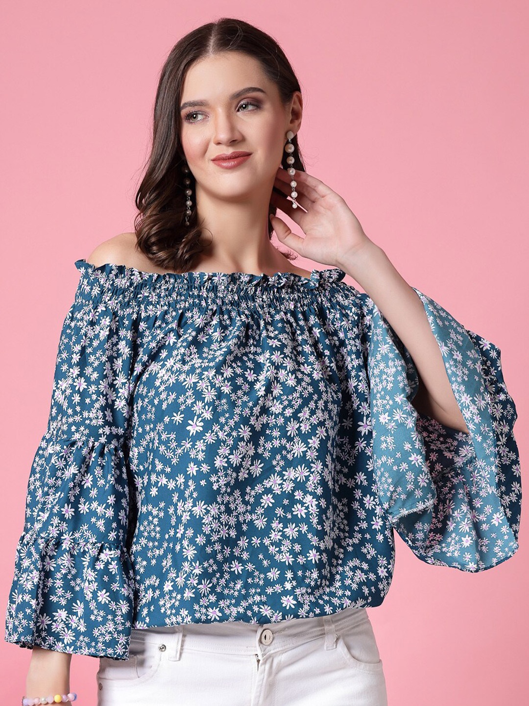 

Oomph! Floral Print Off-Shoulder Smocked Crepe Bardot Top, Blue