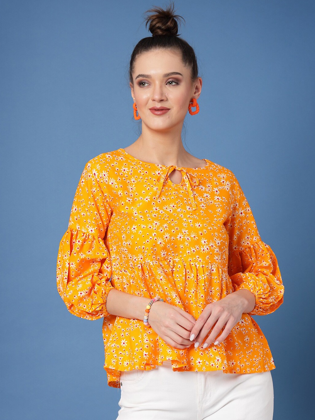 

Oomph! Floral Printed Puff Sleeves Empire Top, Yellow