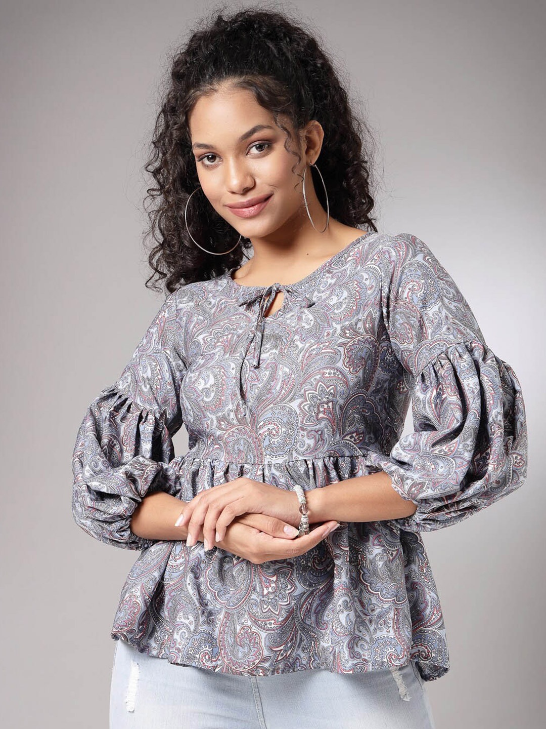 

Oomph! Ethnic Motifs Printed Tie-Up Neck Puff Sleeves Gathered Empire Top, Blue