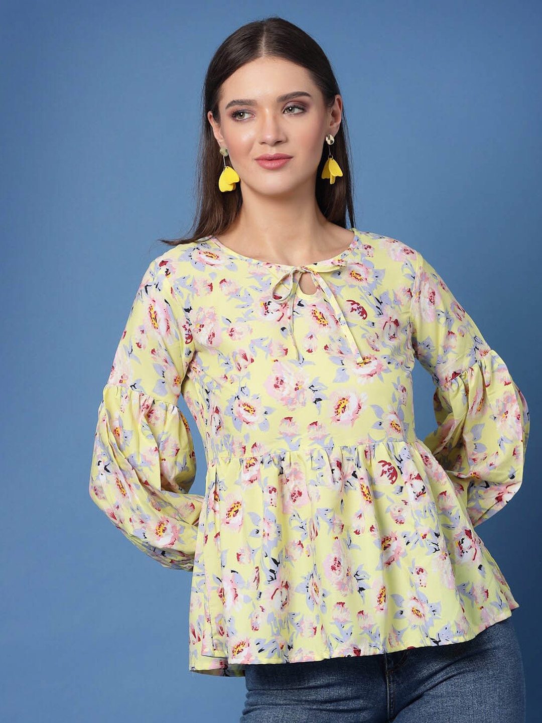 

Oomph! Floral Printed Puff Sleeves Empire Top, Yellow