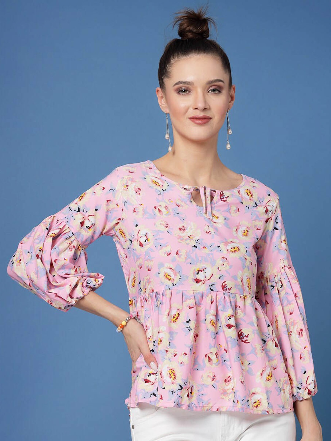 

Oomph! Floral Printed Bell Sleeves Crepe A-Line Top, Pink