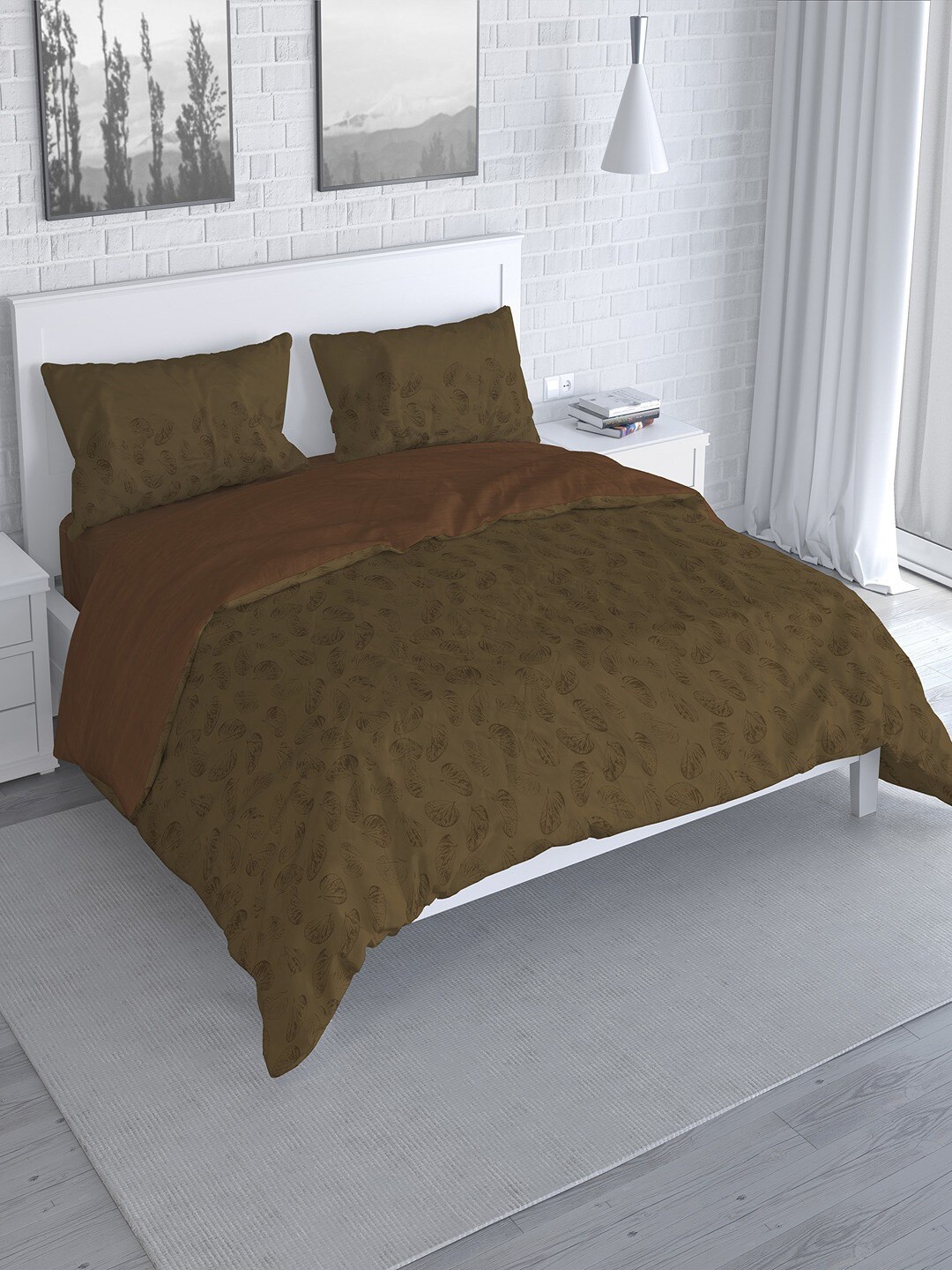 

Himeya Brown 3 Pieces Printed Pure Cotton 300 TC Double Queen Duvet Cover