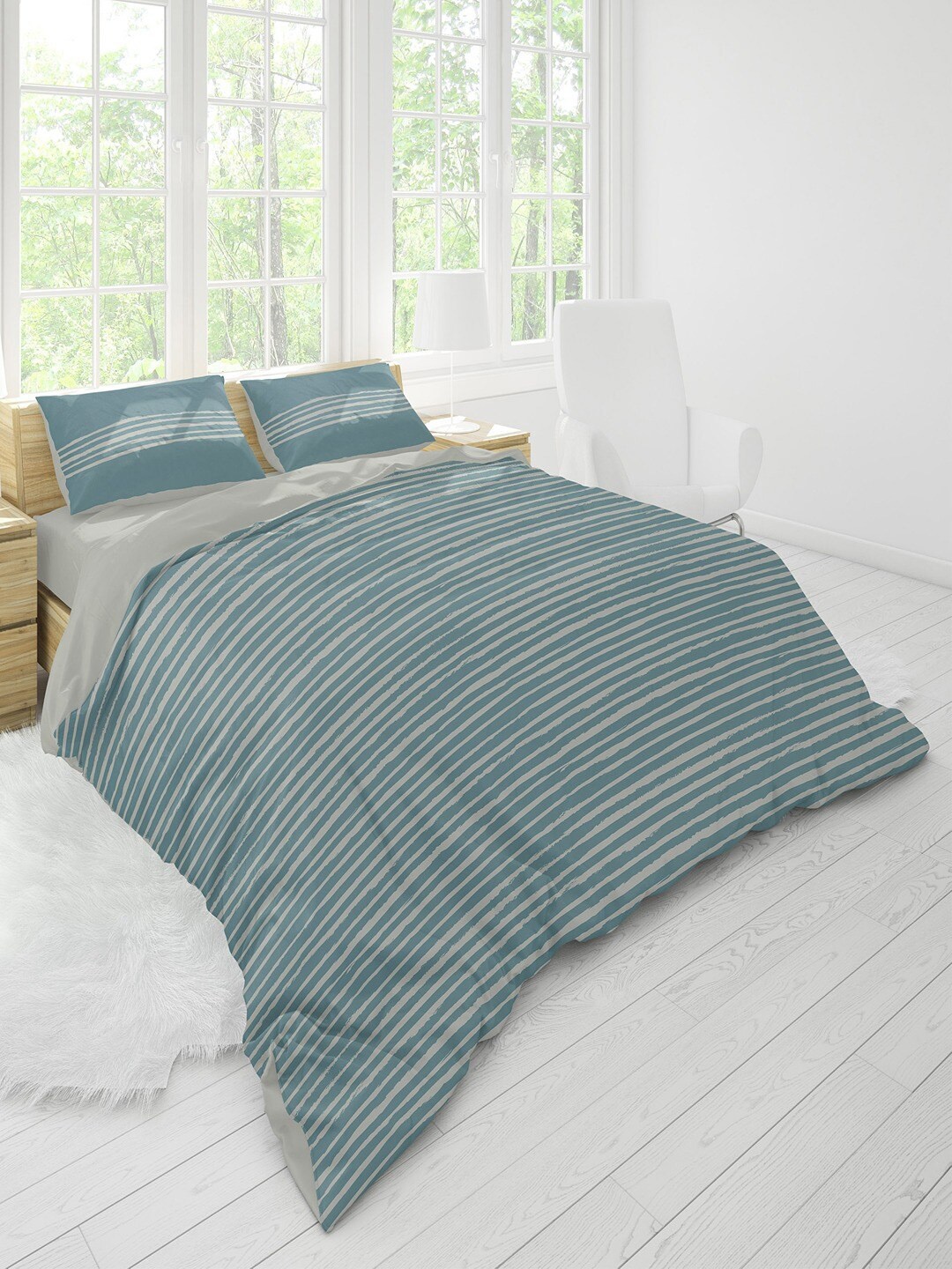 

Himeya Green & White Striped 200 TC Cotton Queen Duvet Cover