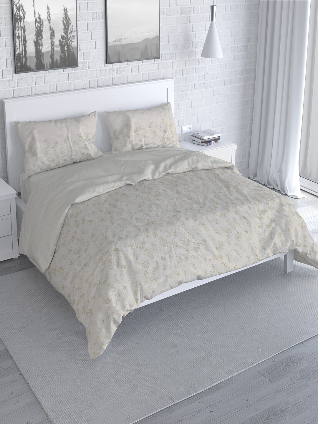 

Himeya Bliss Sateen White Printed Pure Cotton 300 TC Queen Duvet Cover Set
