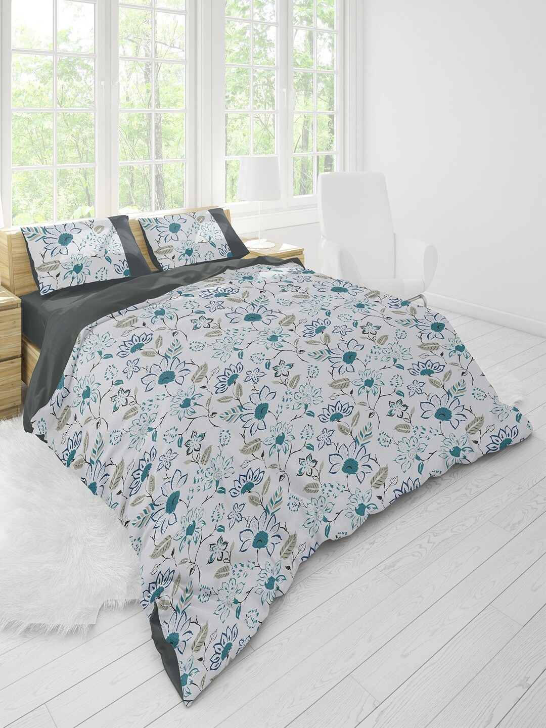 

Himeya White & Green Printed Pure Cotton 200 TC Queen Duvet Cover