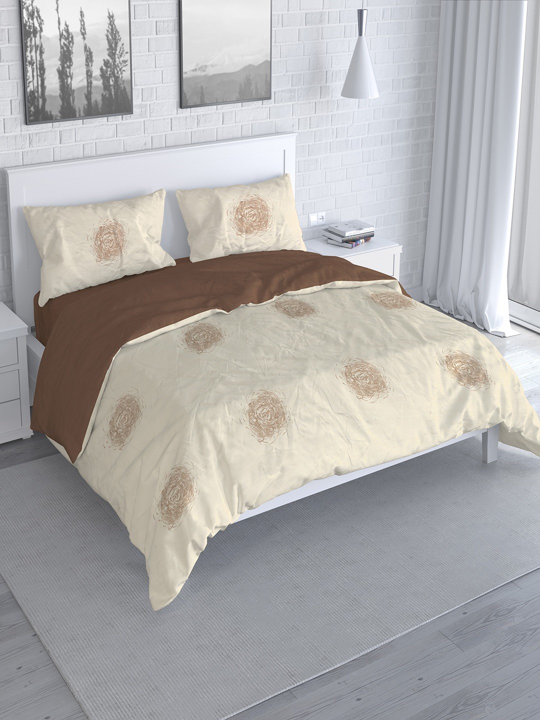 

Himeya Beige & Brown Printed Cotton Double Queen Duvet Cover With Pillow Covers