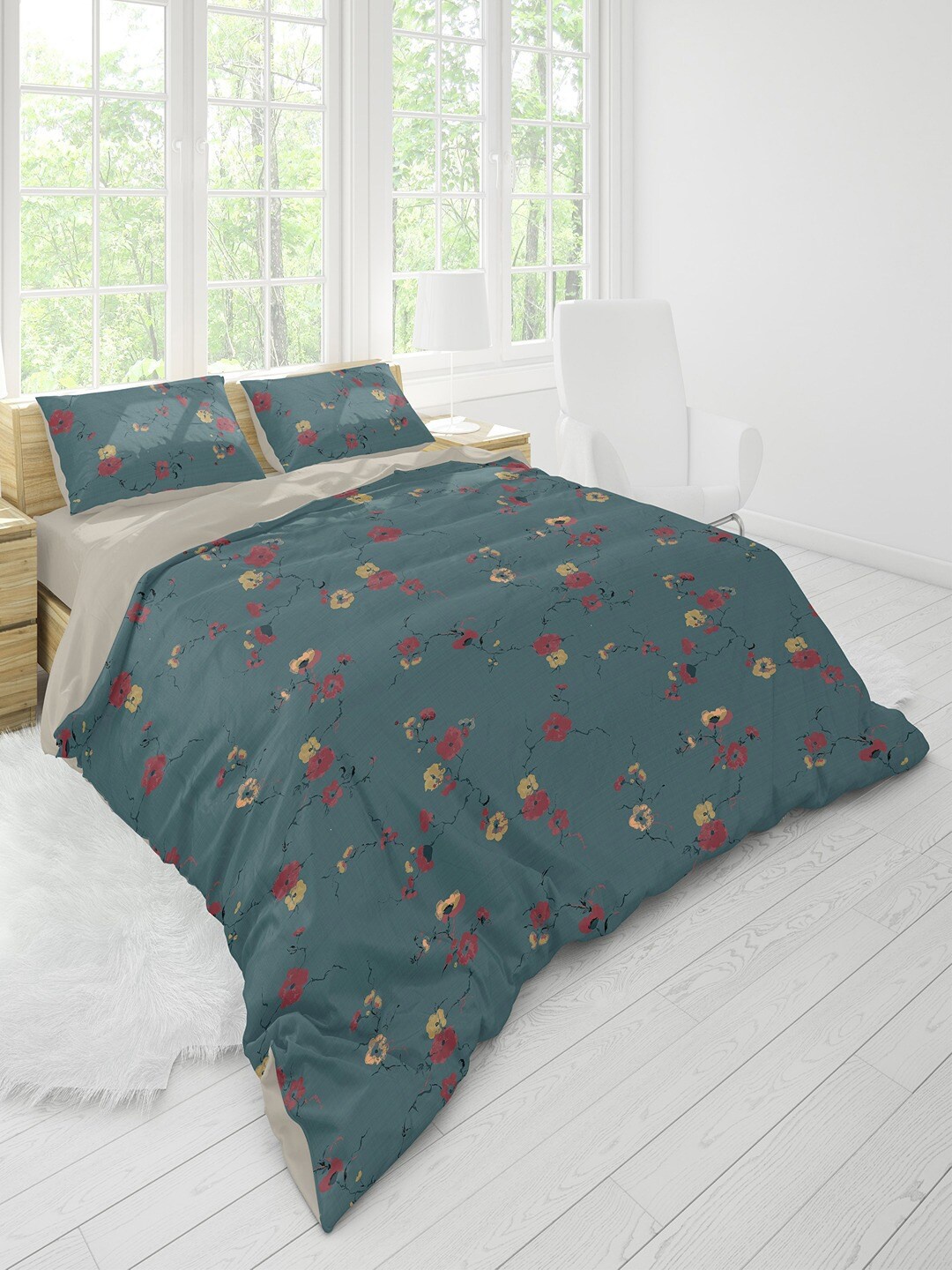 

Himeya Green & Pink Floral Printed 300 TC Cotton Queen Duvet Cover