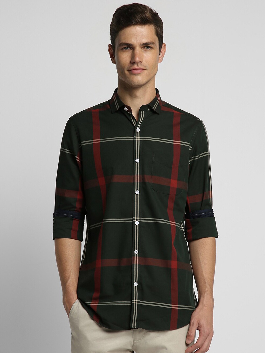 

Peter England Elite Slim Fit Windowpane Checks Casual Shirt, Green
