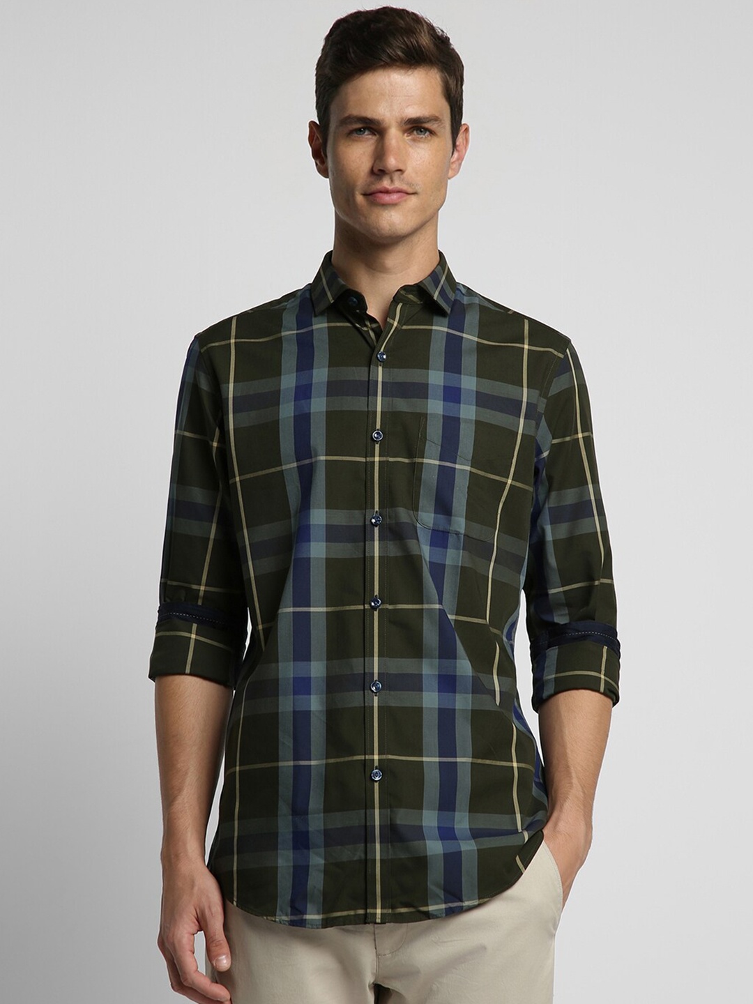 

Peter England Elite Tartan Checks Long Sleeve Pocket Slim Fit Casual Shirt, Green