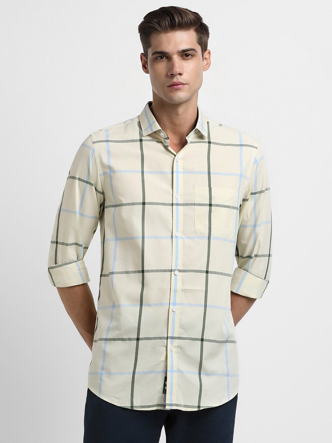 

Peter England Elite Slim Fit Windowpane Checked Shirt, Cream