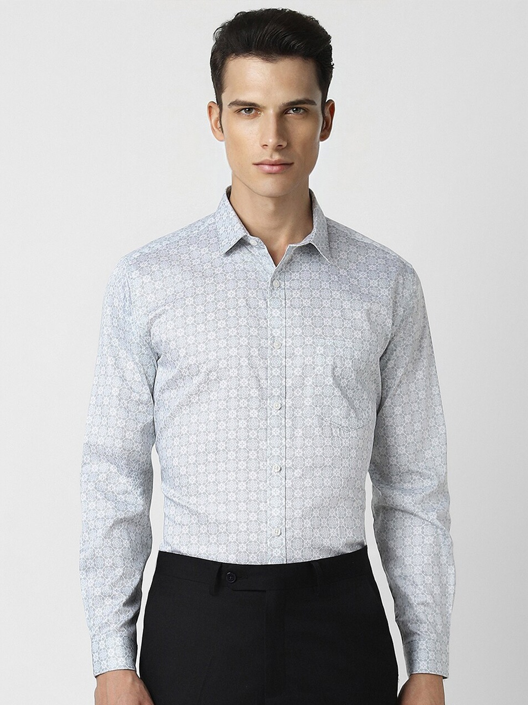 

V Dot Printed Slim Fit Classic Casual Shirt, Grey