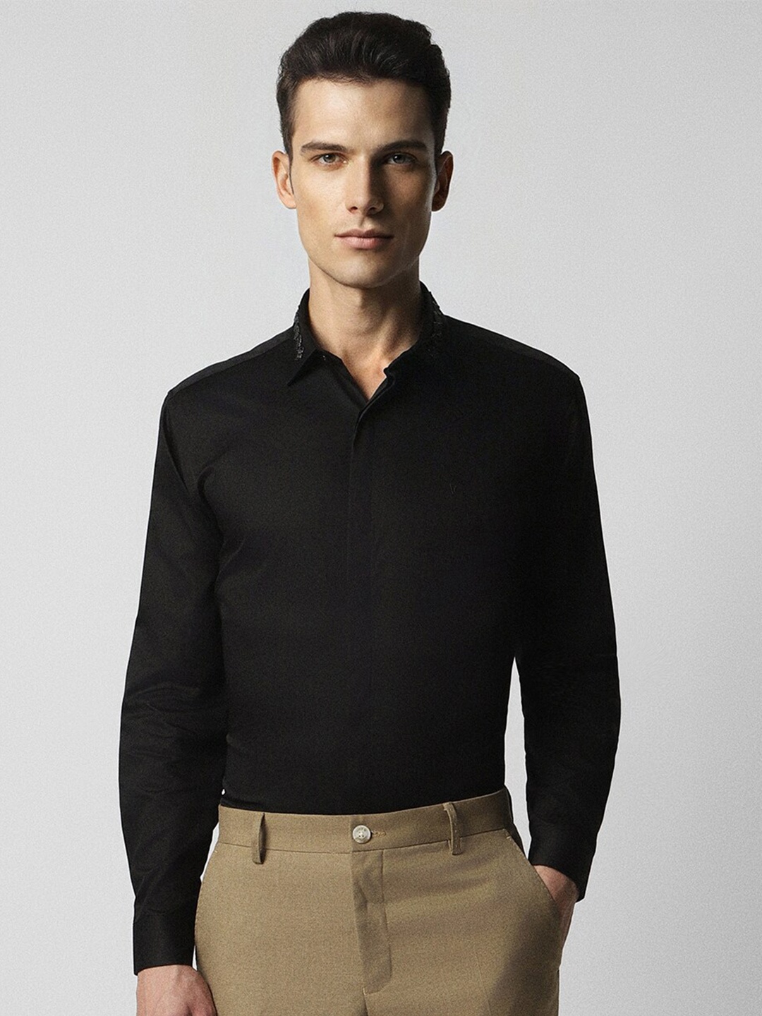 

V Dot Slim Fit Embellished Pure Cotton Party Shirt, Black