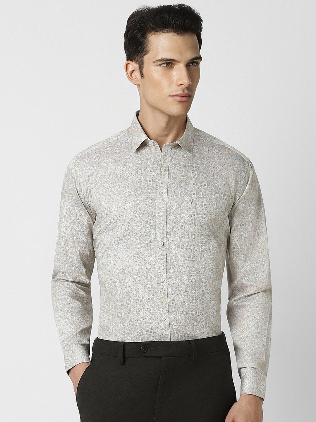 

V Dot Ethnic Motifs Printed Slim Fit Cotton Formal Shirt, Grey