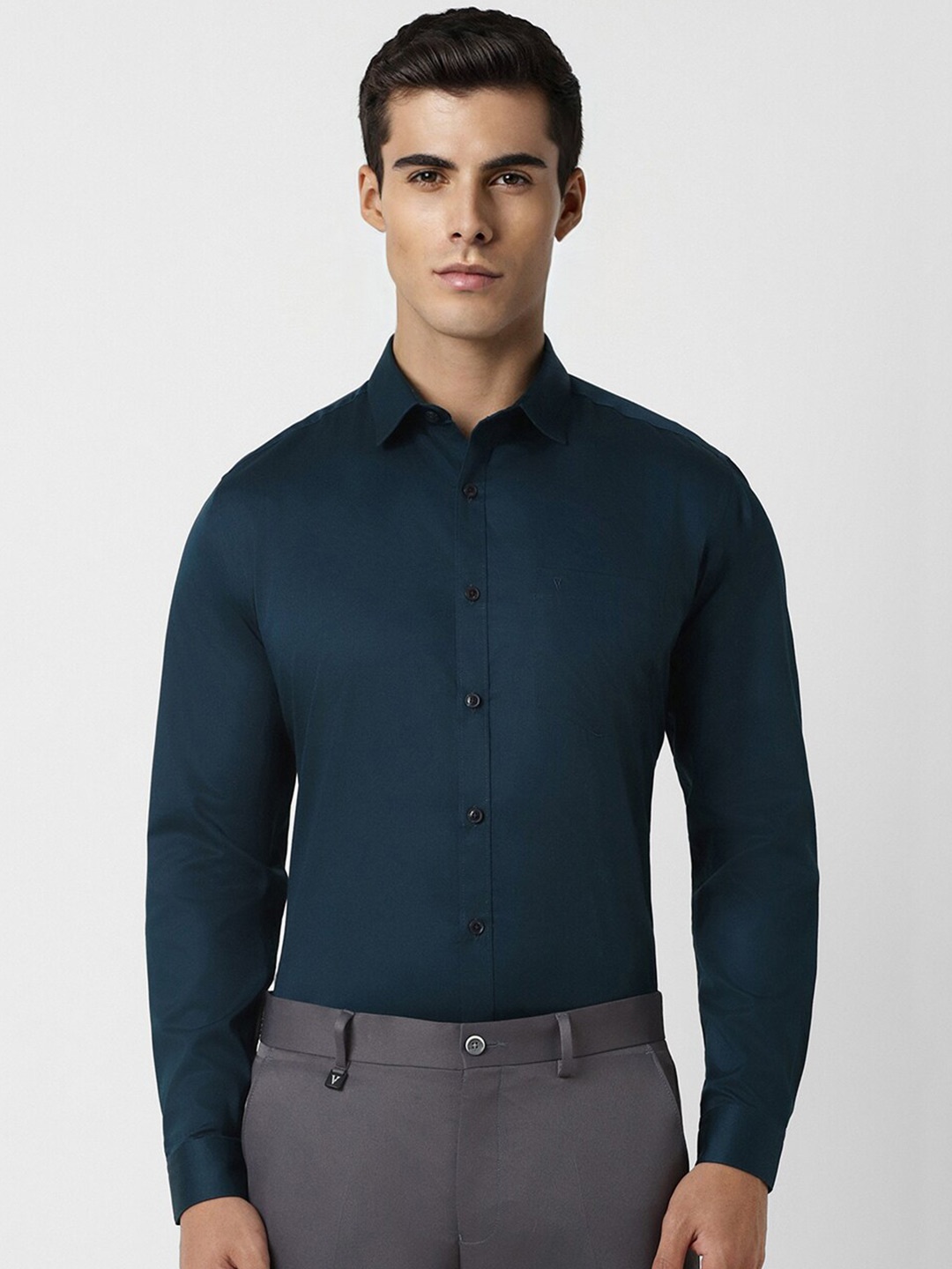 

V Dot Slim Fit Spread Collar Pure Cotton Party Shirt, Navy blue
