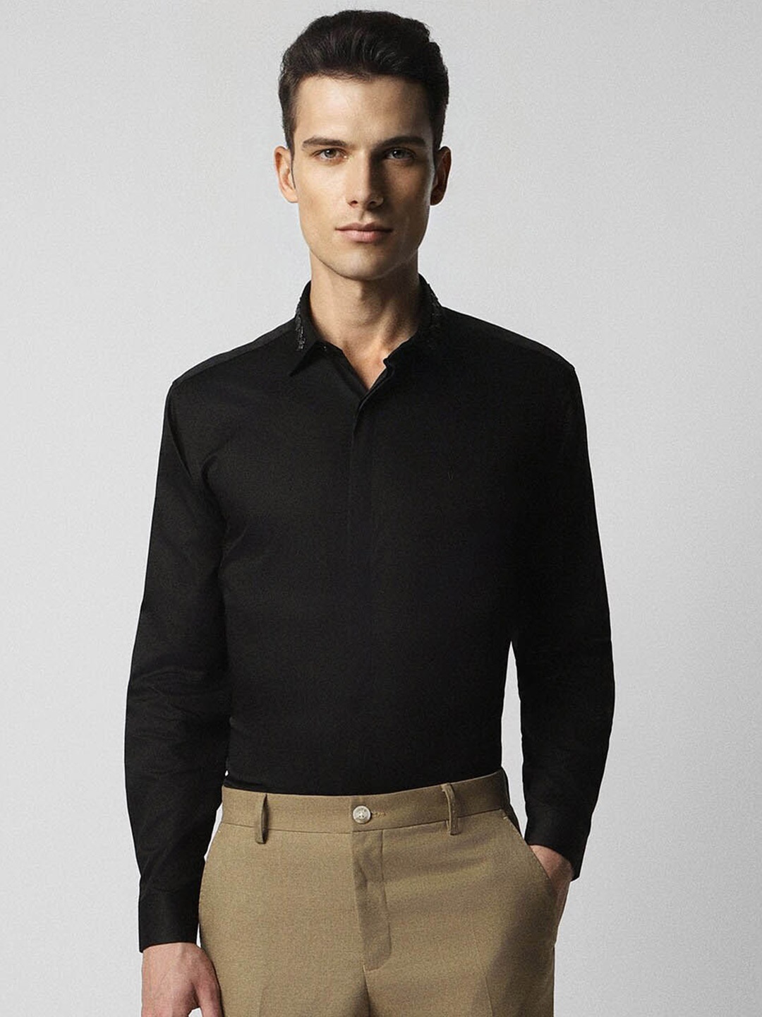 

V Dot Slim Fit Embellished Pure Cotton Party Shirt, Black