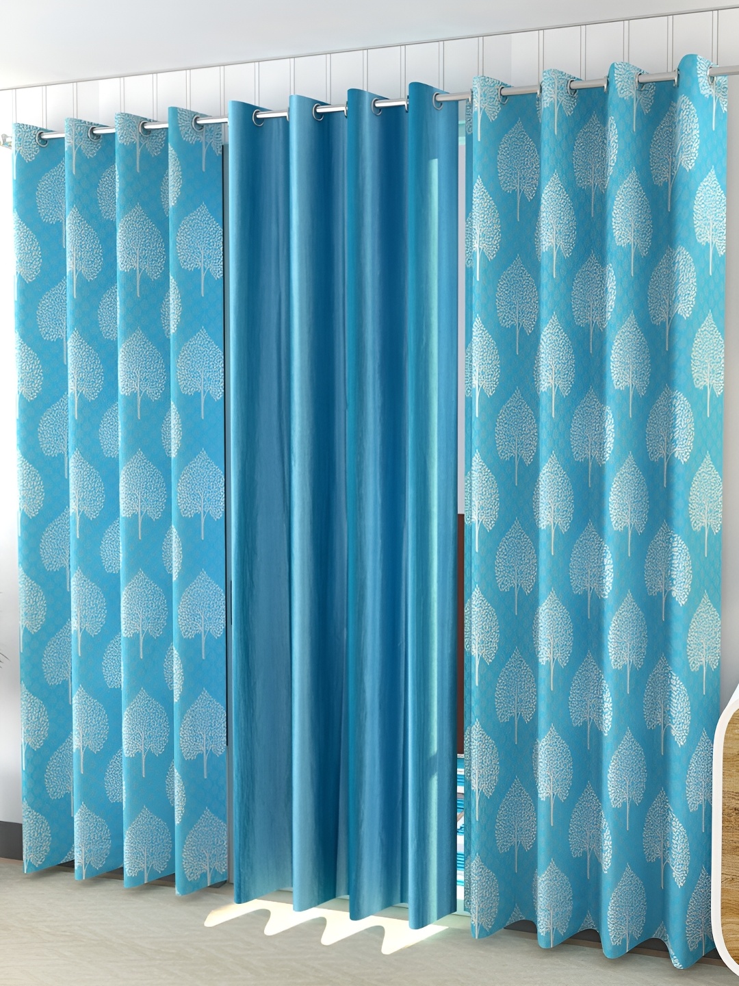 

Kraftiq Homes Blue & White 3 Pcs Floral Room Darkening Long Door Curtain