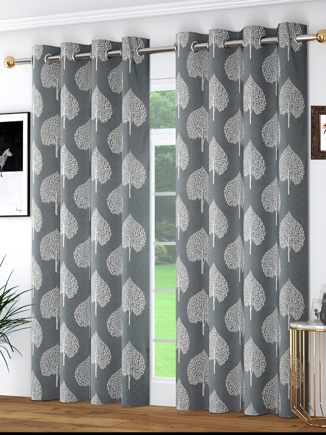 

Kraftiq Homes Grey & White 2 Pcs Floral Room Darkening Door Curtain