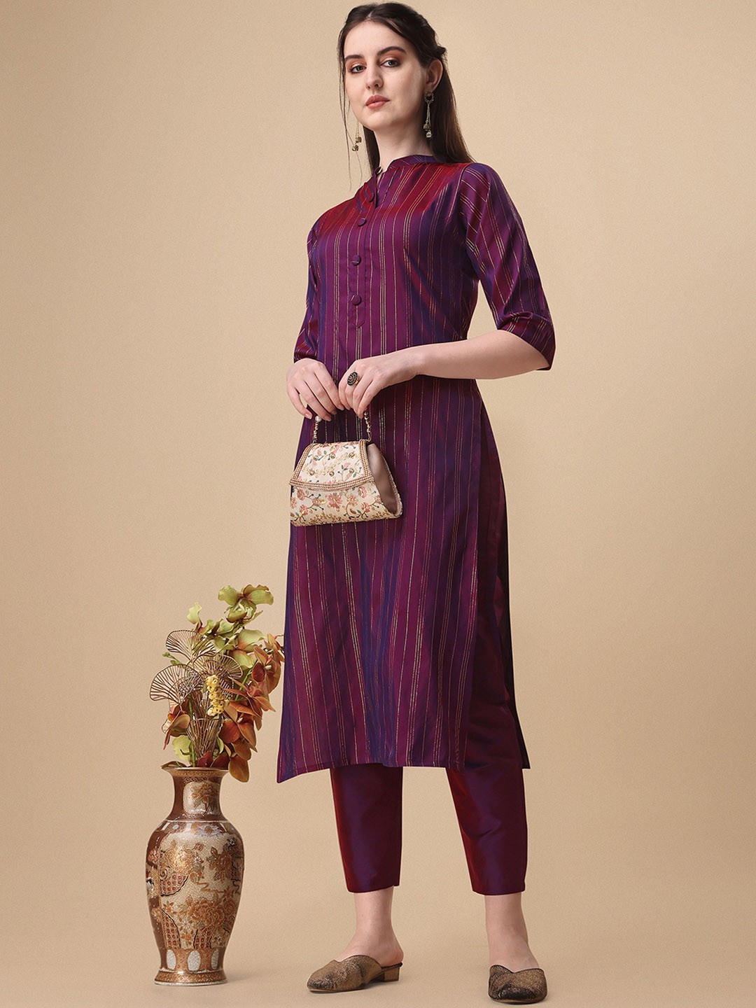 

PERFECTBLUE Striped Kurta With Trouser, Burgundy
