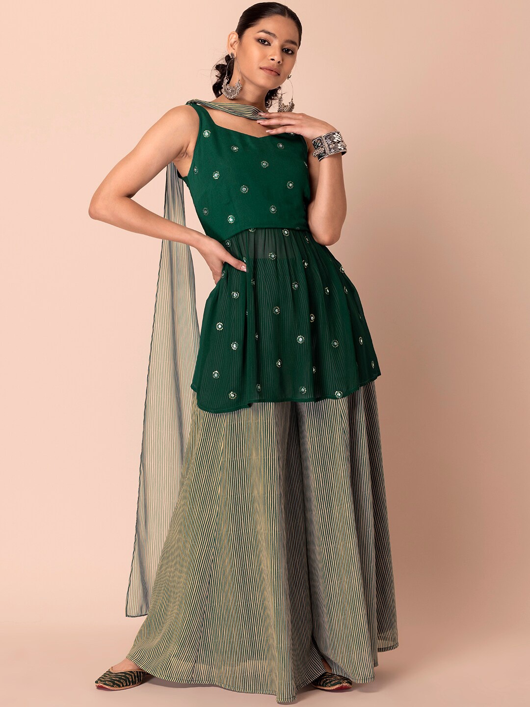 

INDYA Floral Embroidered Sequinned Pleated A-Line Kurti With Palazzo & Attached Dupatta, Green