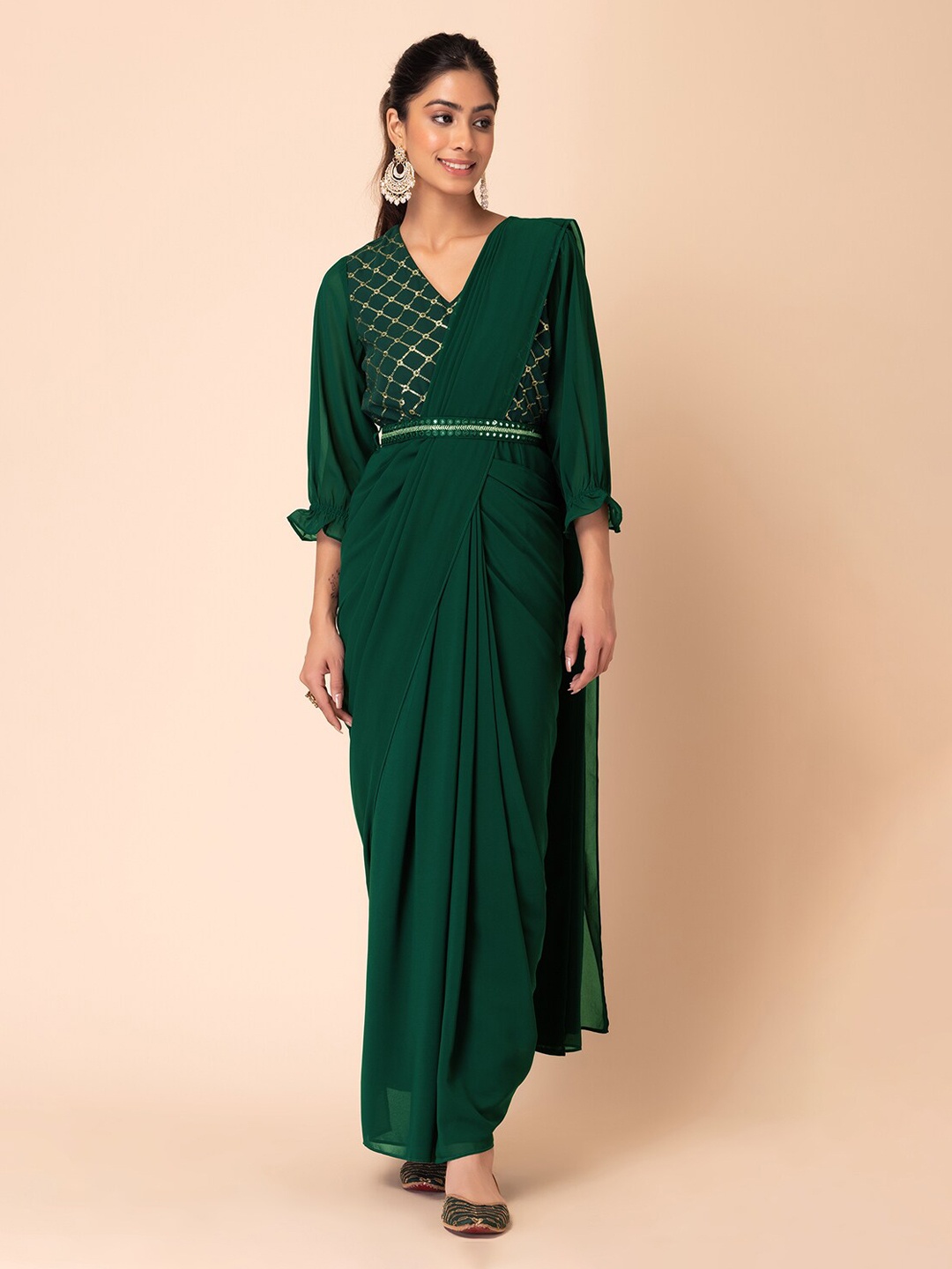 

INDYA Pre-Stitched Saree With Embroidered Blouse With Belt, Green