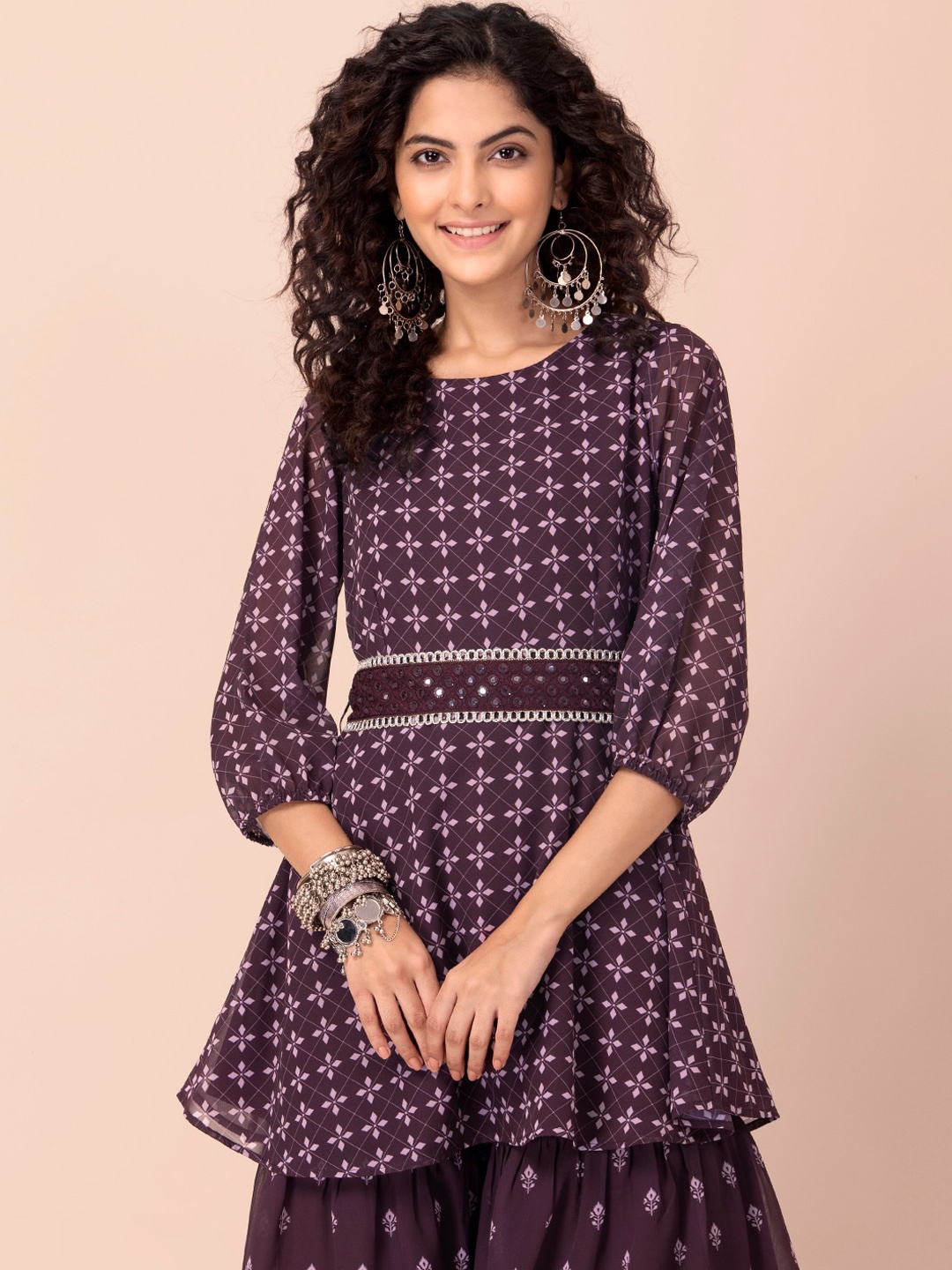 

INDYA Ethnic Motifs Printed A-Line Belted Kurti, Purple