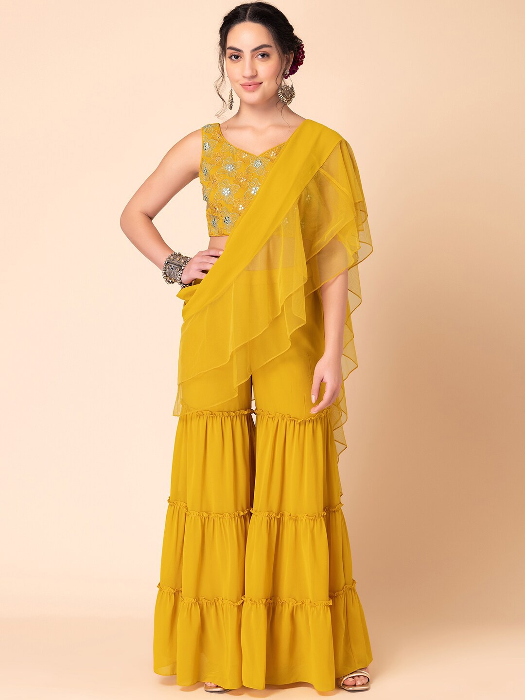 

INDYA Embroidered V-Neck Co-Ords, Yellow