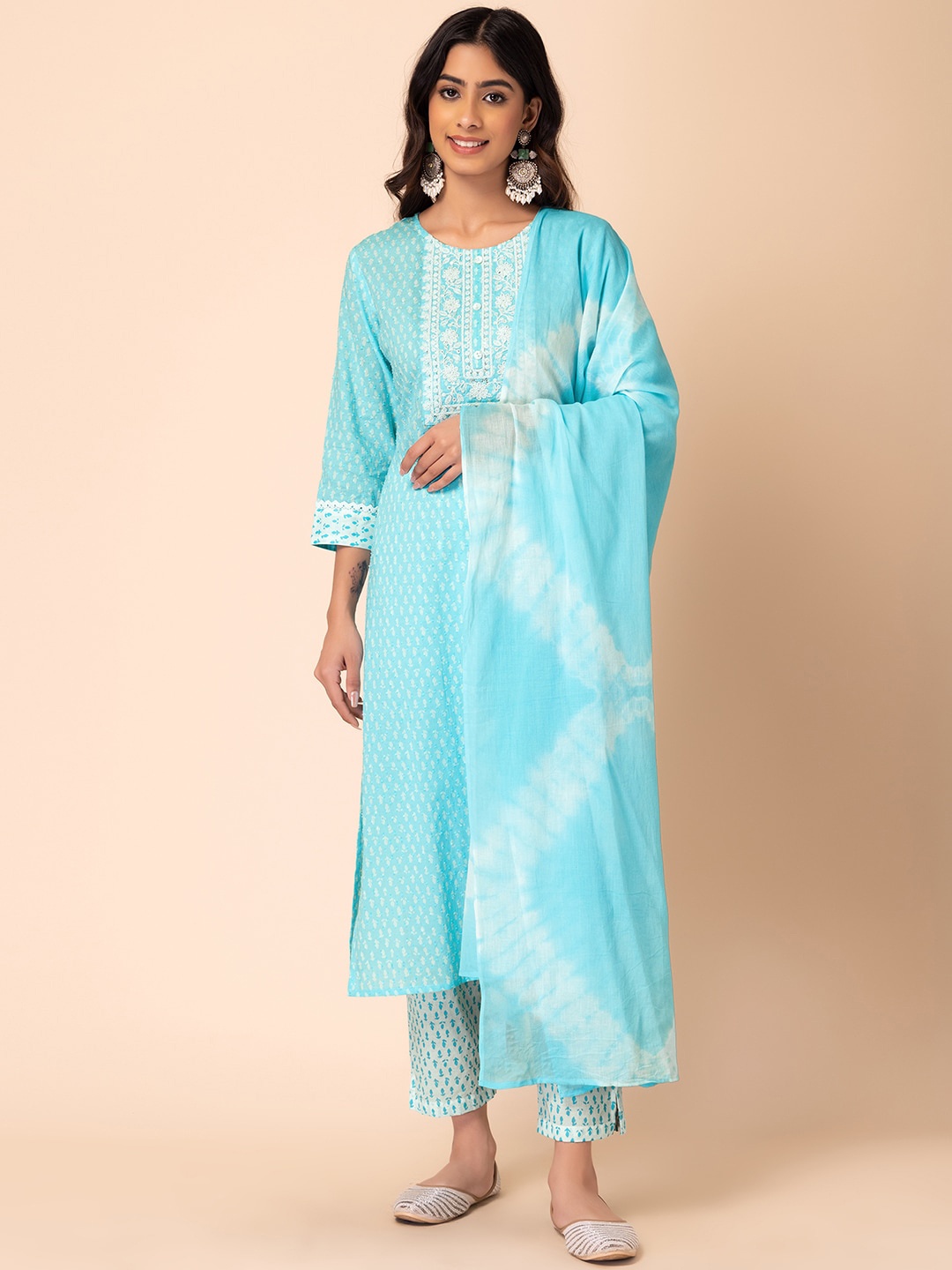 

INDYA Floral Batik Printed Thread Work Pure Cotton Straight Kurta With Trouser & Dupatta, Blue