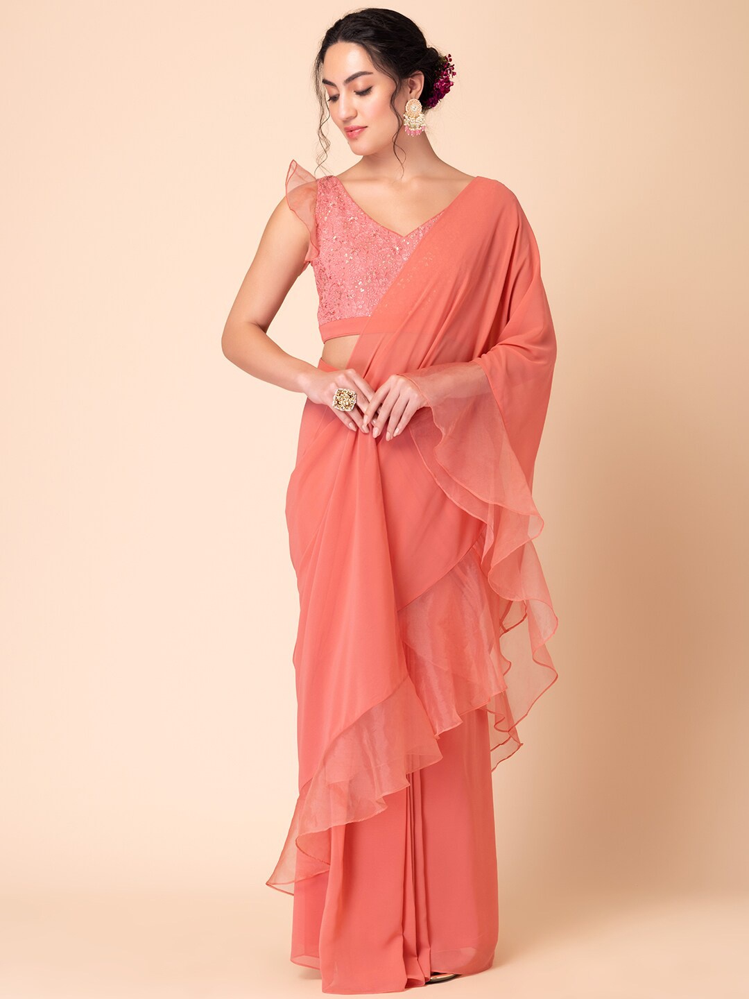 

INDYA Ruffle Pre-Stitched Saree, Pink
