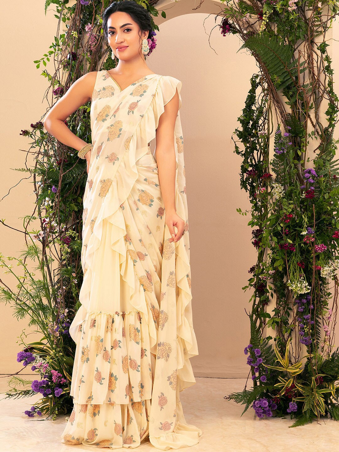 

INDYA Floral Printed Ruffle Pre-Stitched Saree With Stitched Blouse, Beige