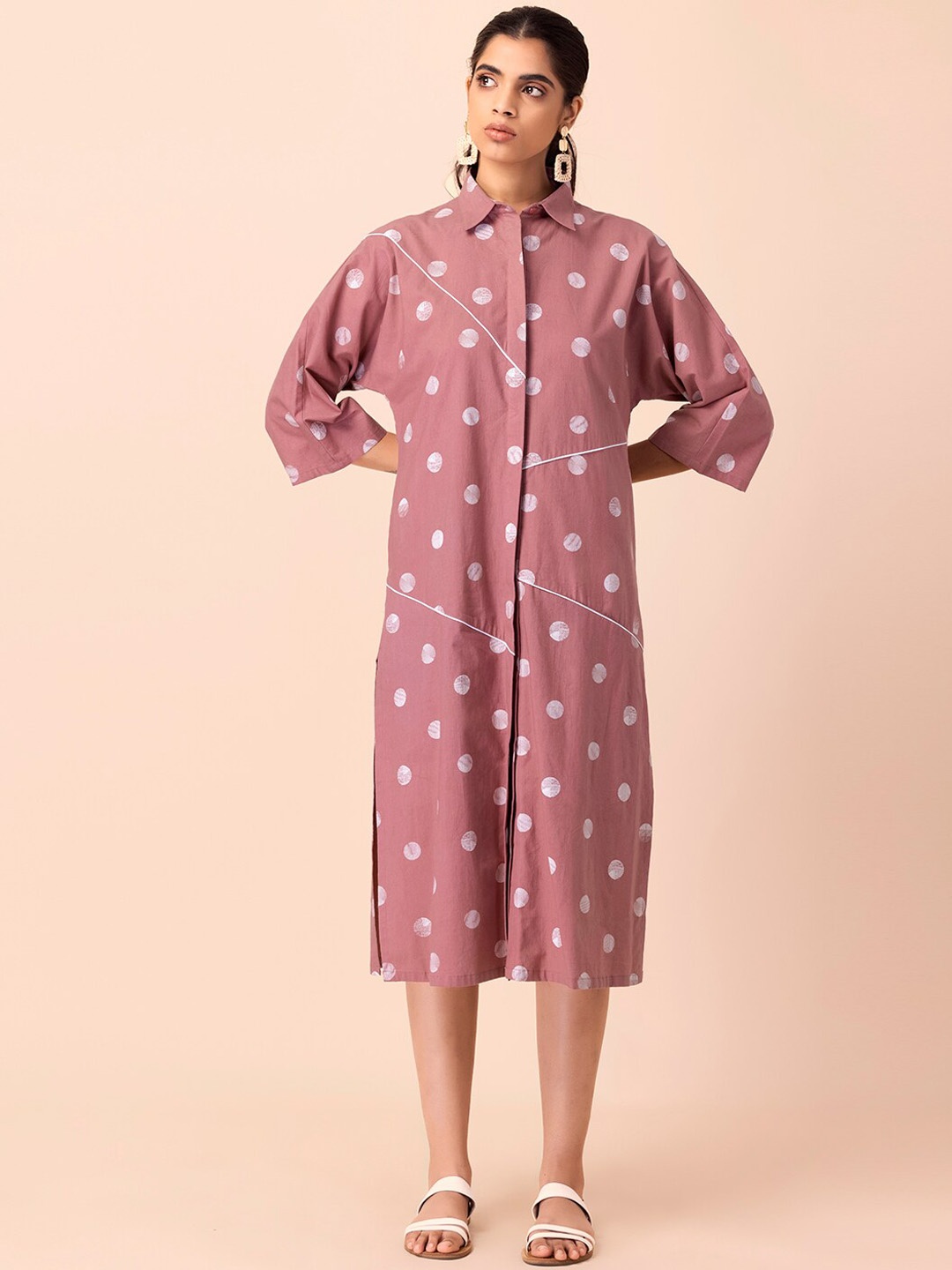 

INDYA Geometric Printed Round Neck Pure Cotton A-Line Kurta, Pink