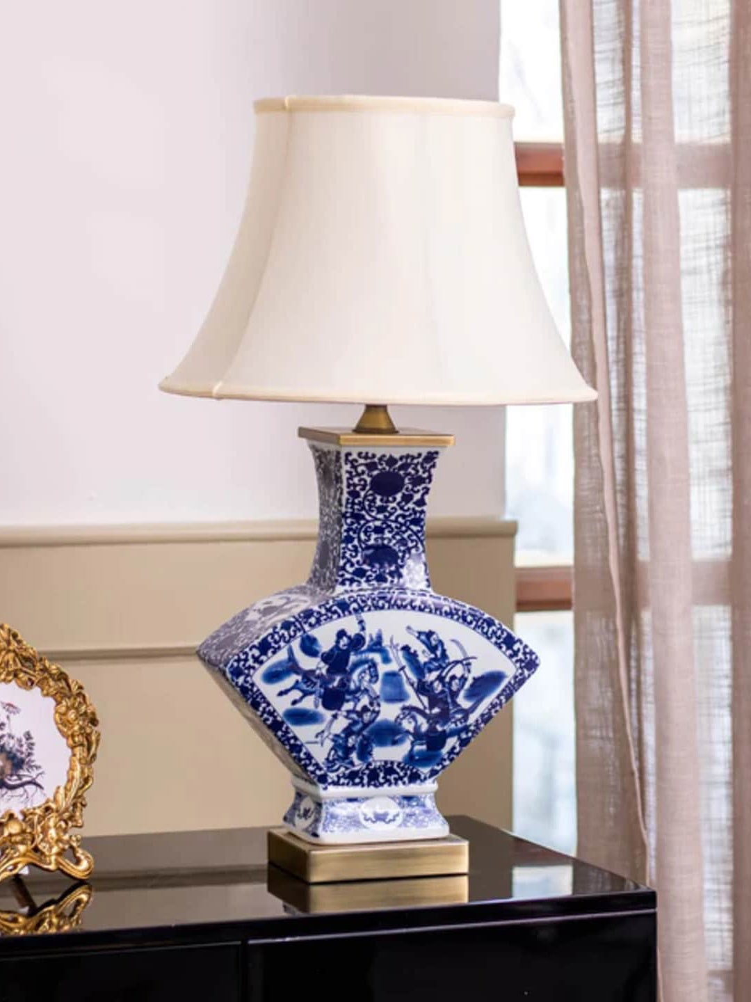 

THEDECORKART White & Blue Bell Shaped Table Lamps