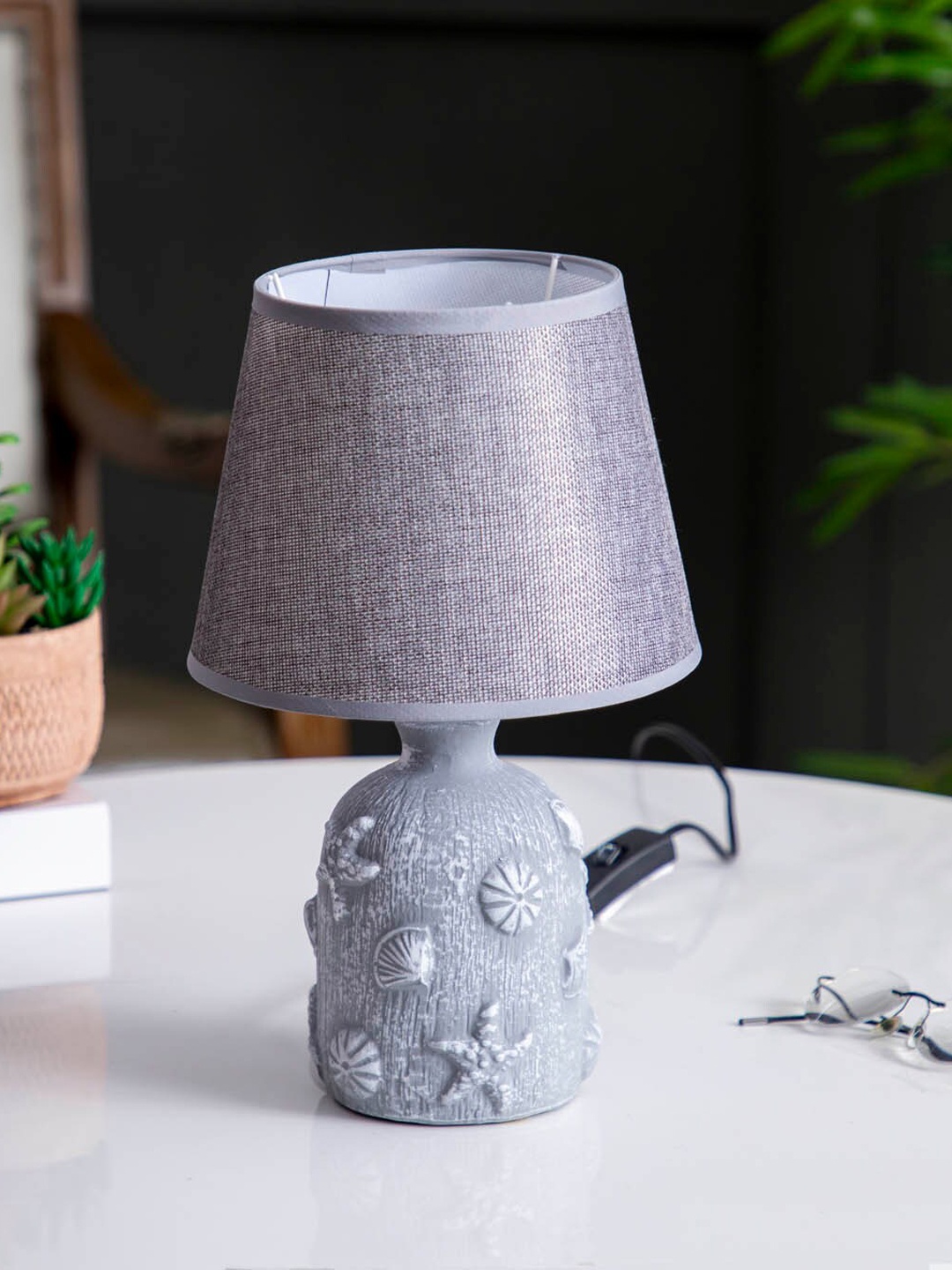 

THEDECORKART Grey Frustum Shaped Printed Metal Table Lamp