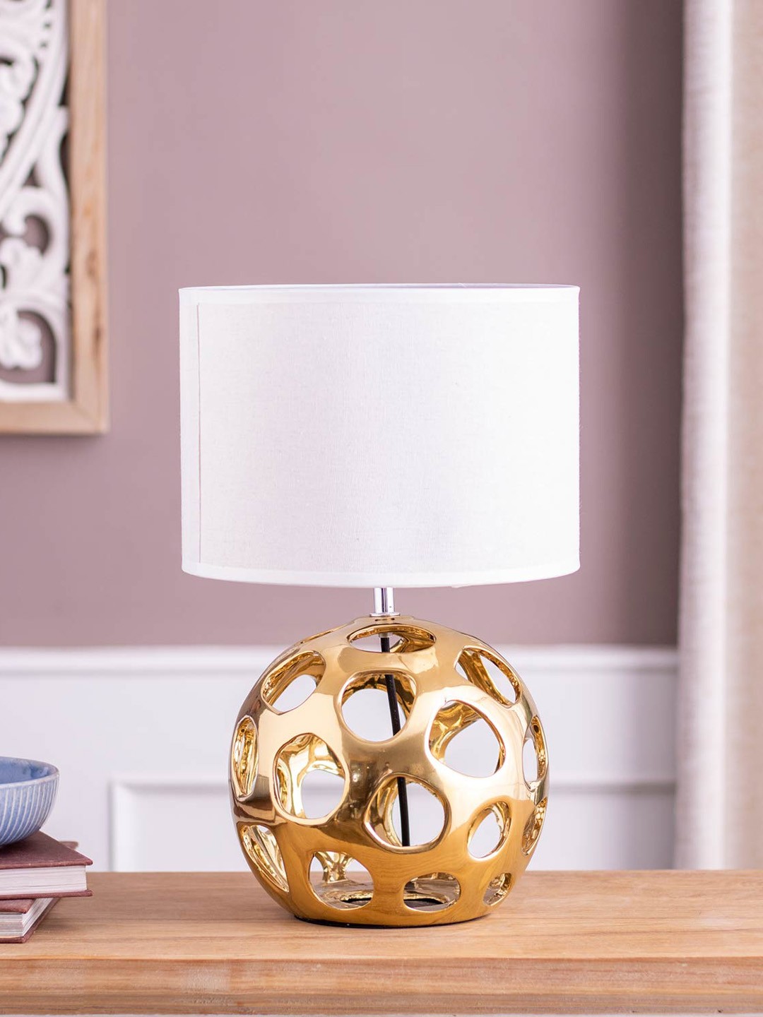 

THEDECORKART Golden & White Cylinder Shaped Metal Table Lamp, Gold