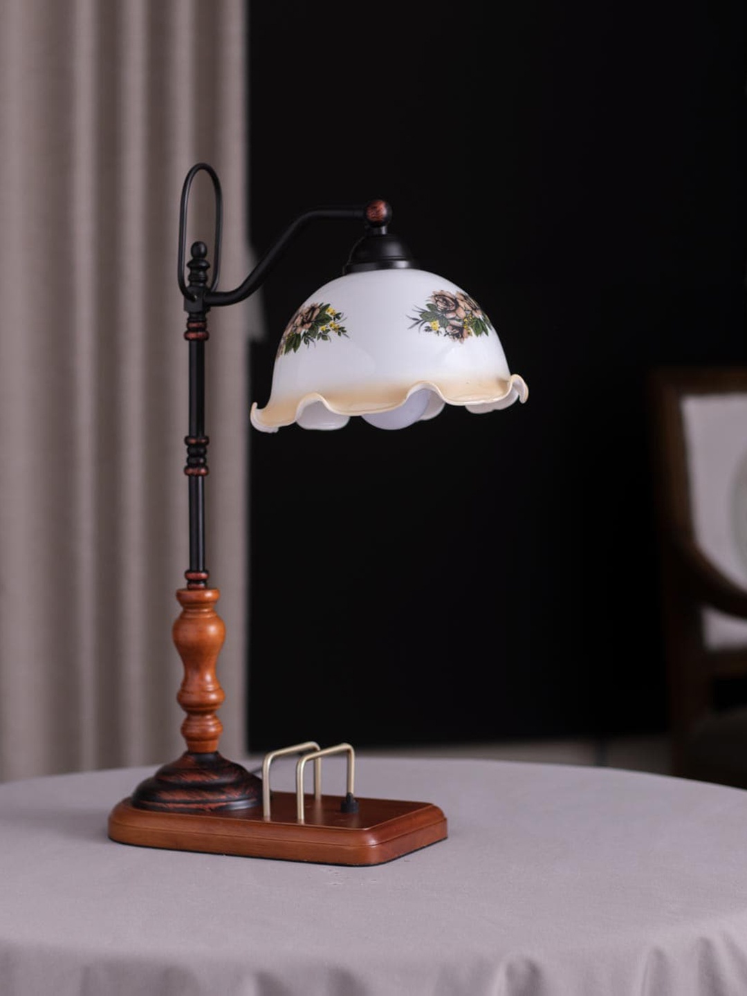 

THEDECORKART White & Brown Printed Metal Traditional Bell Table Lamp