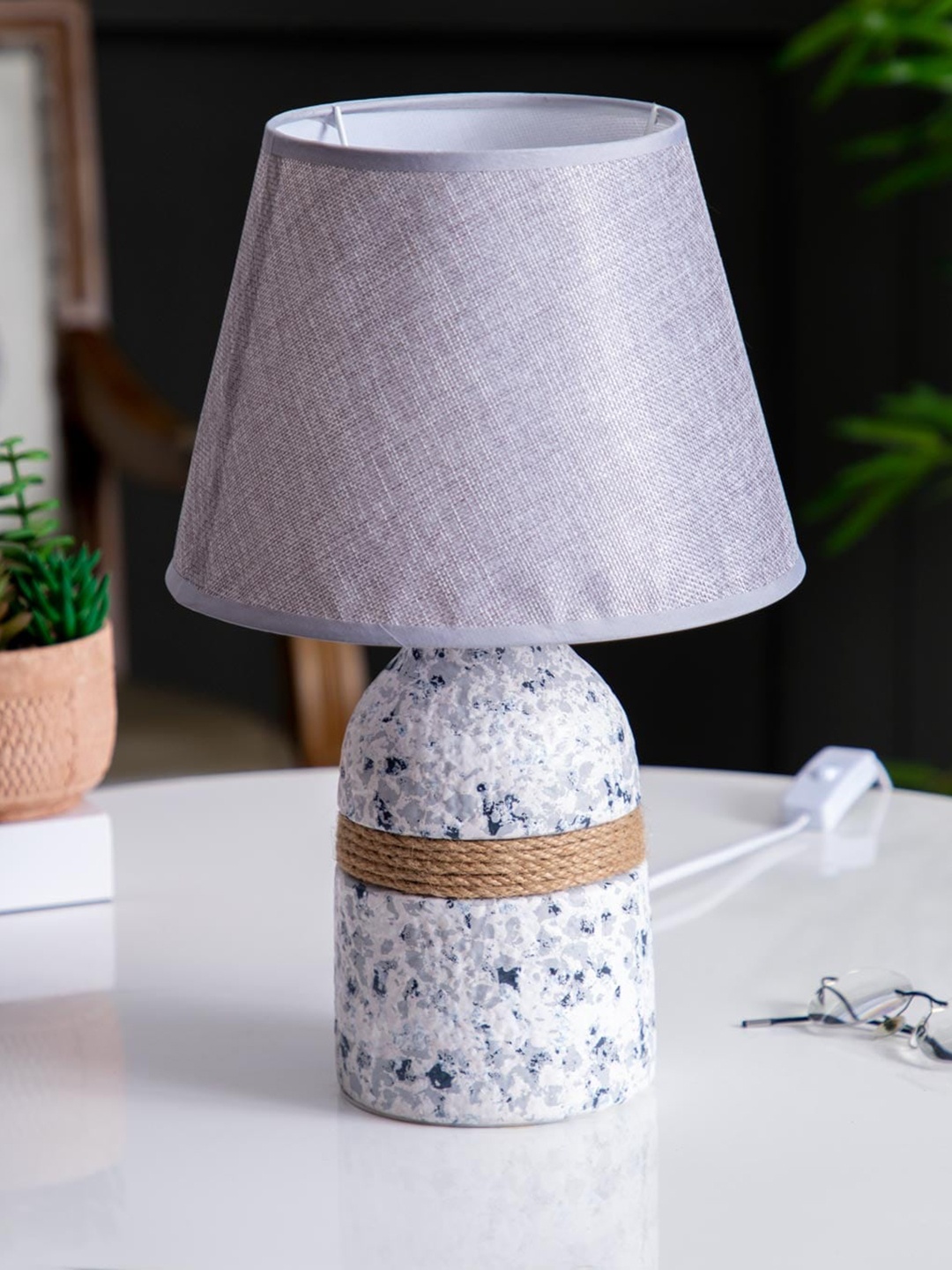 

THEDECORKART Grey Frustum Shaped Printed Metal Table Lamp
