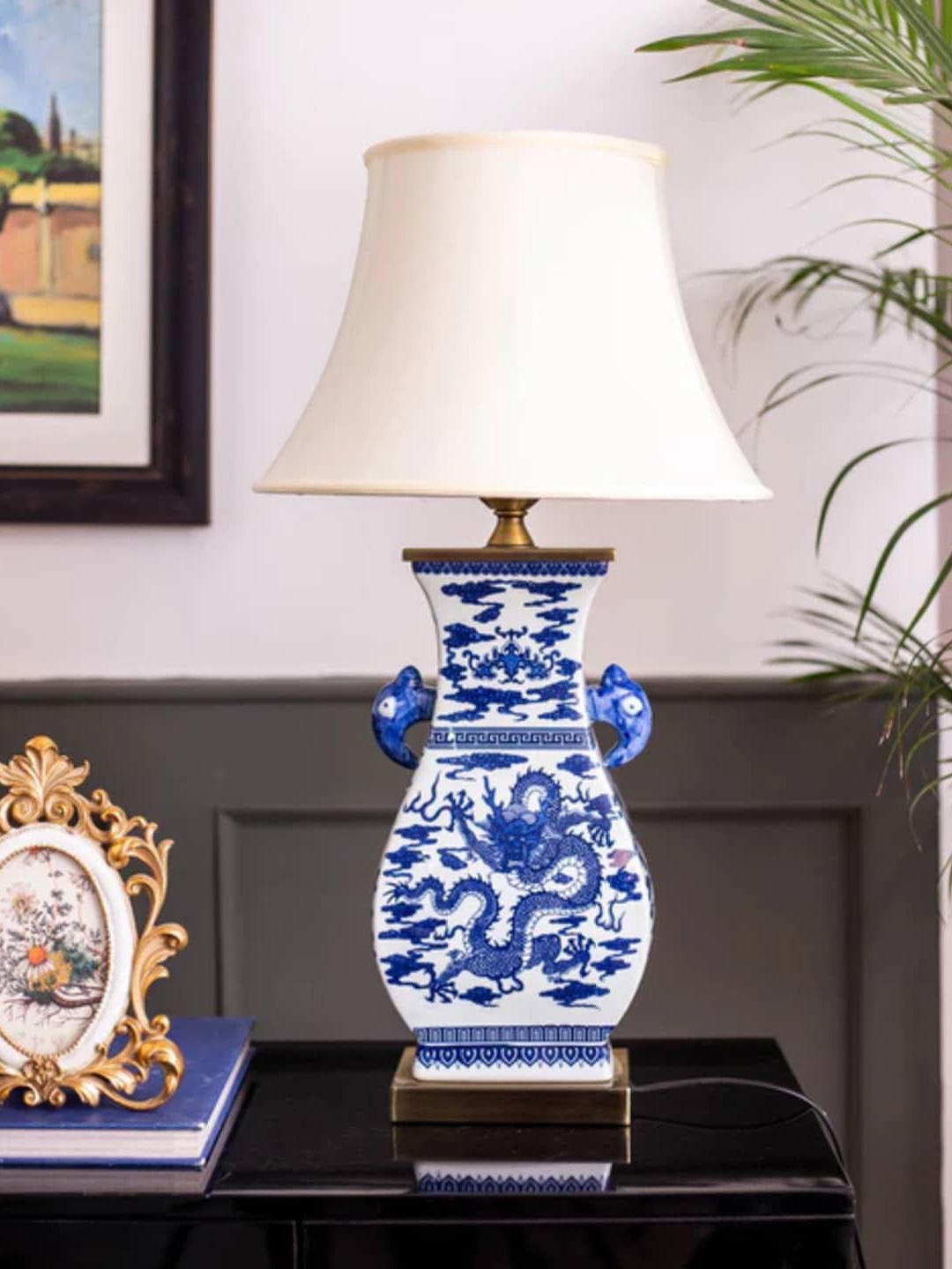 

THEDECORKART White & Blue Printed Bell Shape Metal Traditional Table Lamp