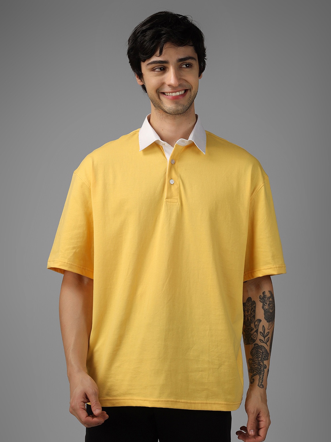 

WEARDUDS Polo Collar Drop-Shoulder Sleeves Bio-Washed Cotton Oversized T-shirt, Yellow