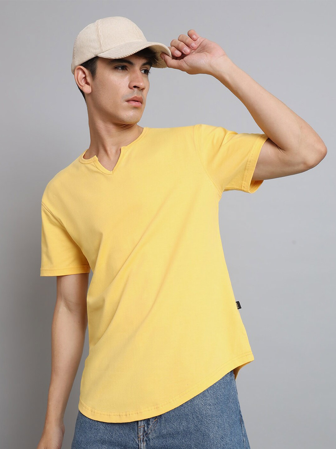 

WEARDUDS Bio-Washed Round Notched Neck Short Sleeves Cotton T-shirt, Yellow